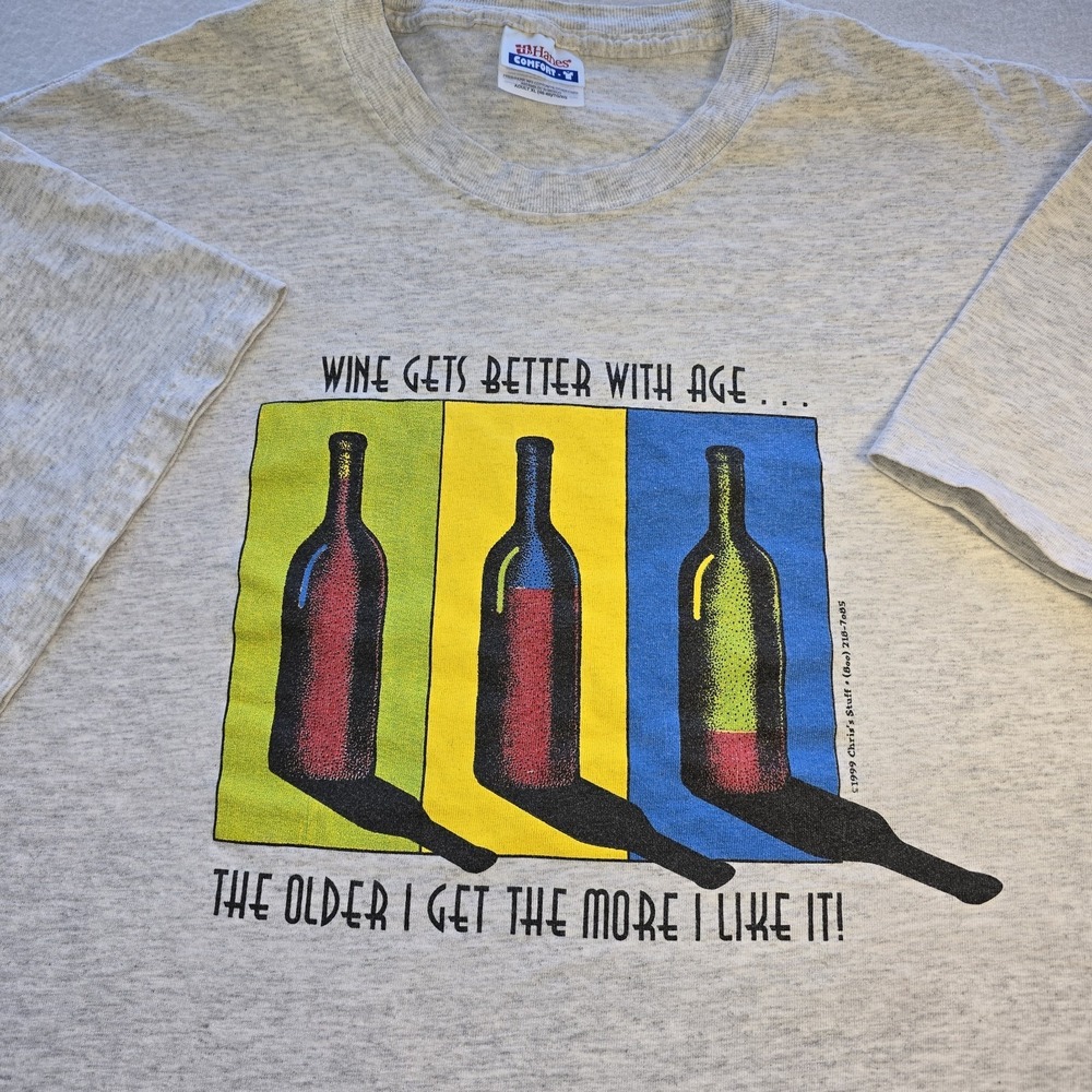 Vtg 90s Wine Gets Better With Age Shirt XL Chris's Stuff Heather Grey 1999 Y2K